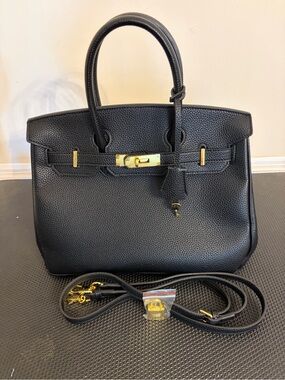Classic Black Soft Vegan Leather Top-Handle Satchel with Gold Hardware